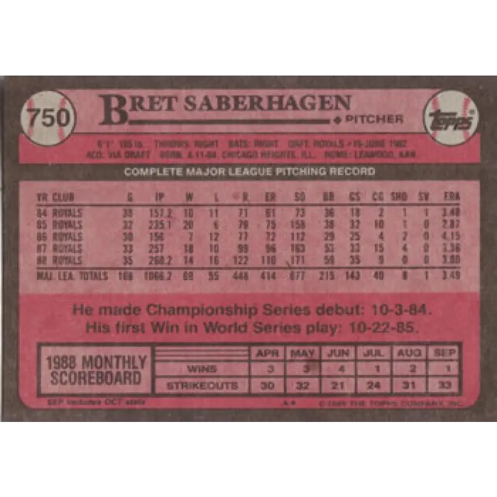 1989 Topps #750 Bret Saberhagen NM-MT Kansas City Royals Baseball Card Image 2