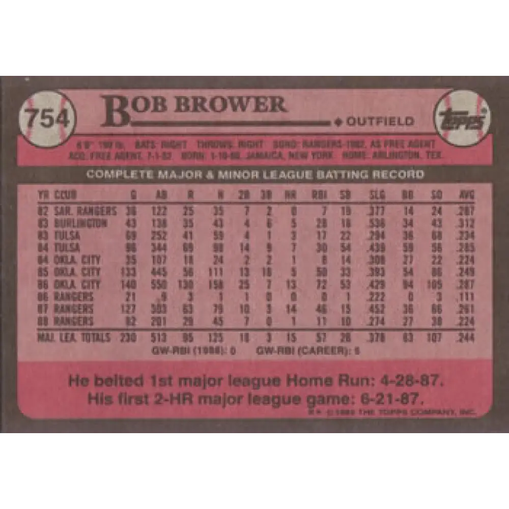 1989 Topps #754 Bob Brower NM-MT Texas Rangers Baseball Card Image 2