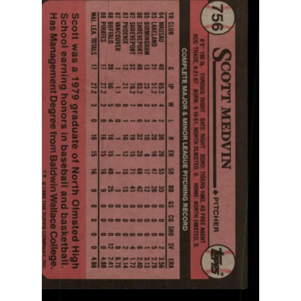 1989 Topps #756 Scott Medvin NM-MT RC Rookie Pittsburgh Pirates Baseball Card Image 2