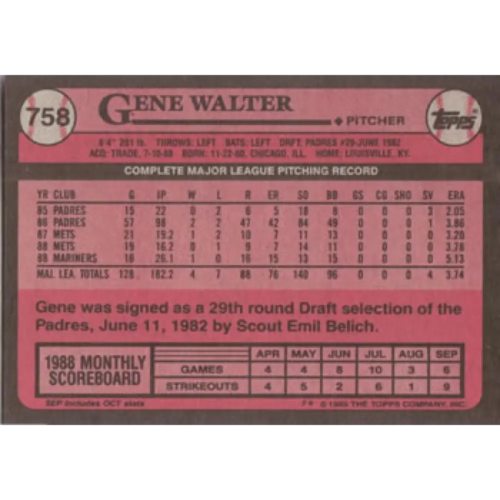 1989 Topps #758 Gene Walter NM-MT Seattle Mariners Baseball Card Image 2