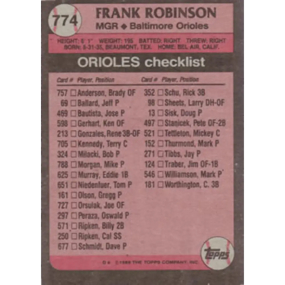 1989 Topps #774 Frank Robinson MG NM-MT Baltimore Orioles Baseball Card Image 2