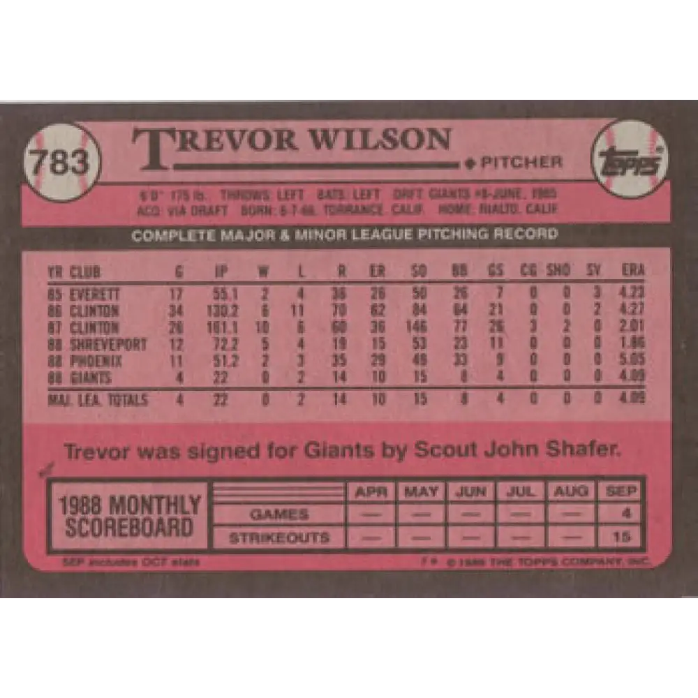 1989 Topps #783 Trevor Wilson NM-MT RC Rookie San Francisco Giants Baseball Card Image 2