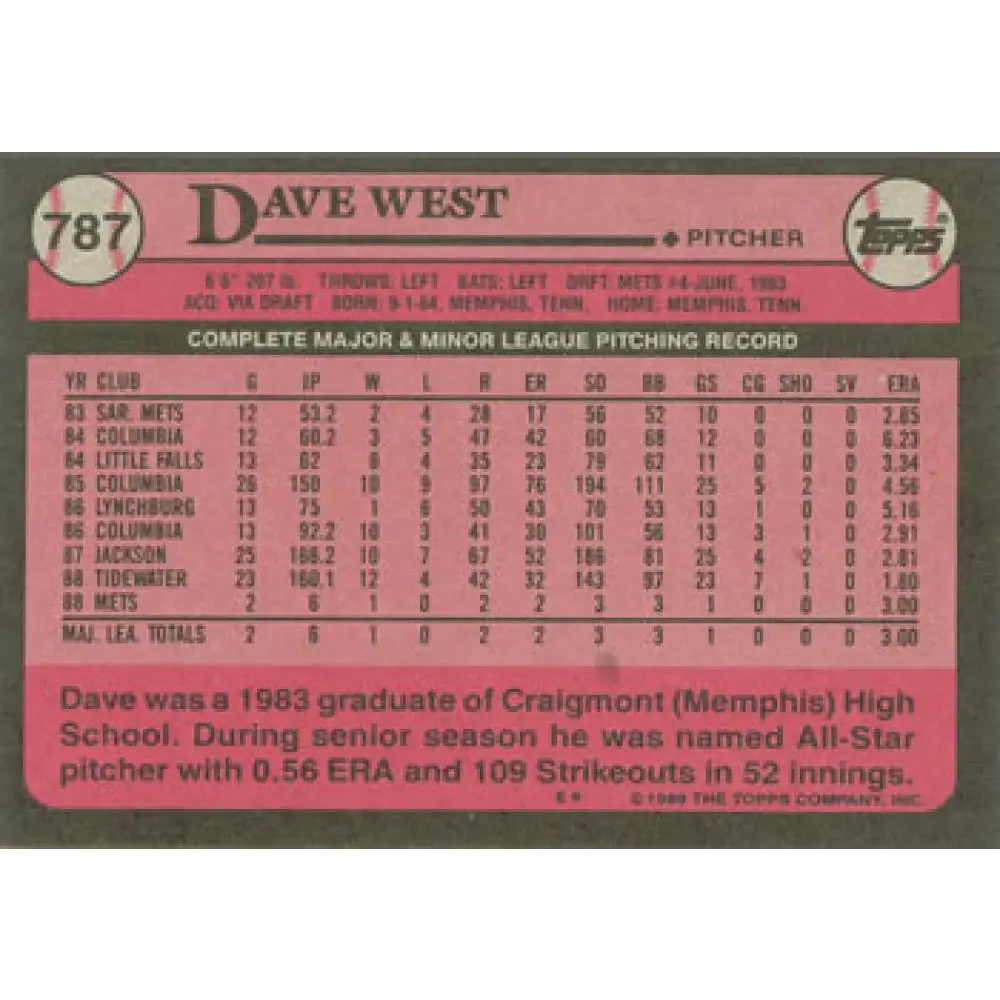 1989 Topps #787 David West NM-MT RC Rookie New York Mets Baseball Card Image 2