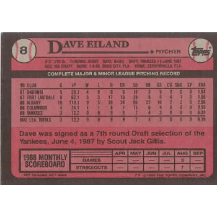 1989 Topps #8 Dave Eiland NM-MT RC Rookie New York Yankees Baseball Card Image 2