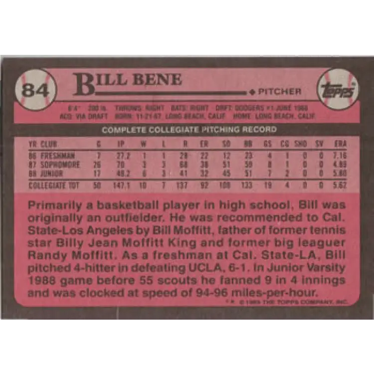 1989 Topps #84 Bill Bene FDP NM-MT Los Angeles Dodgers Baseball Card Image 2
