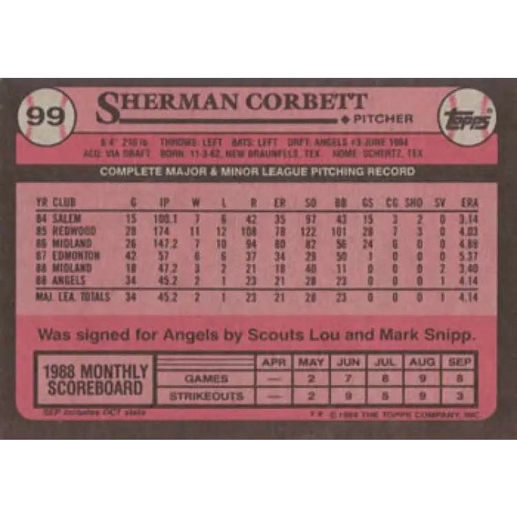 1989 Topps #99 Sherman Corbett NM-MT RC Rookie California Angels Baseball Card Image 2