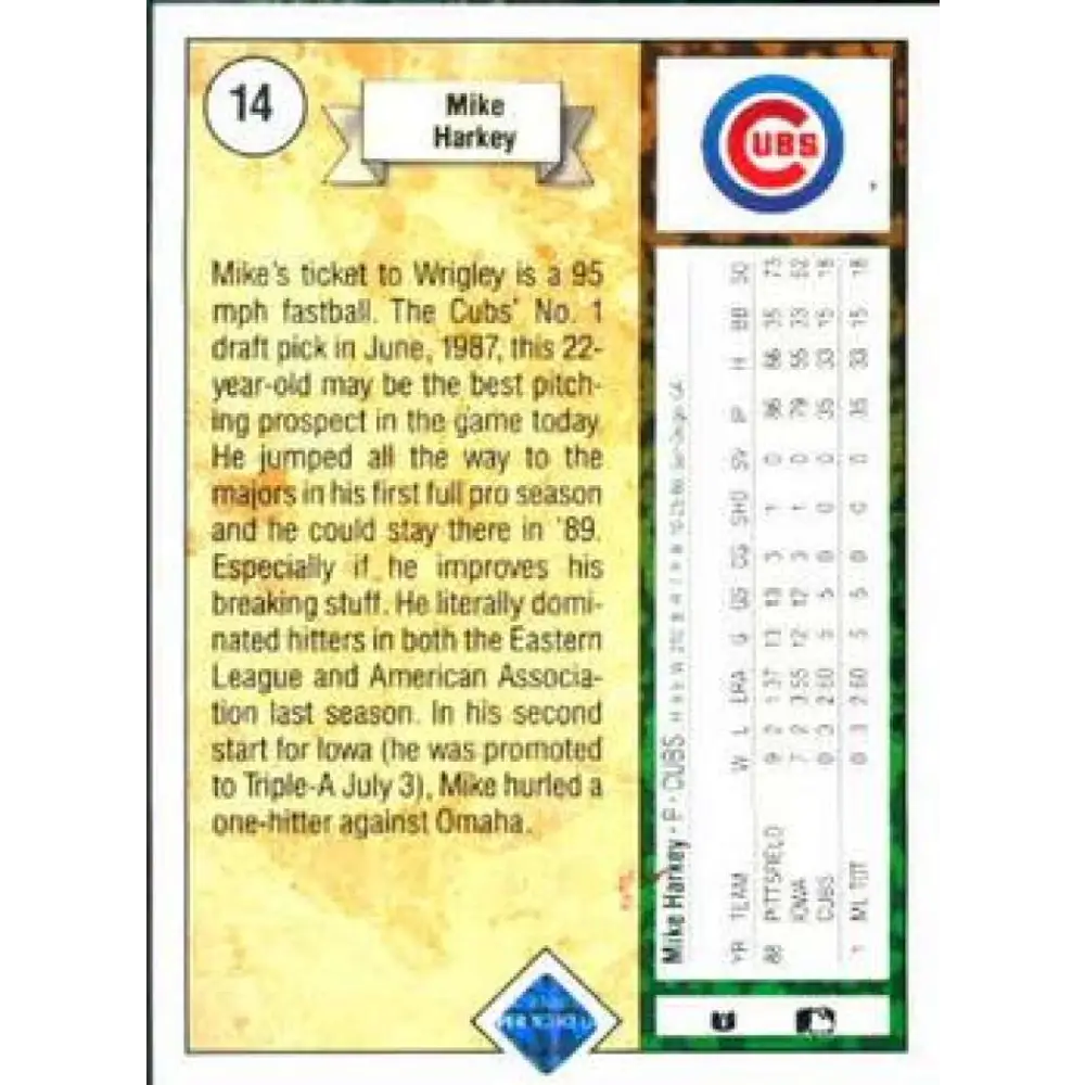 1989 Upper Deck #14 Mike Harkey NM-MT RC Rookie Chicago Cubs Baseball Card Image 2