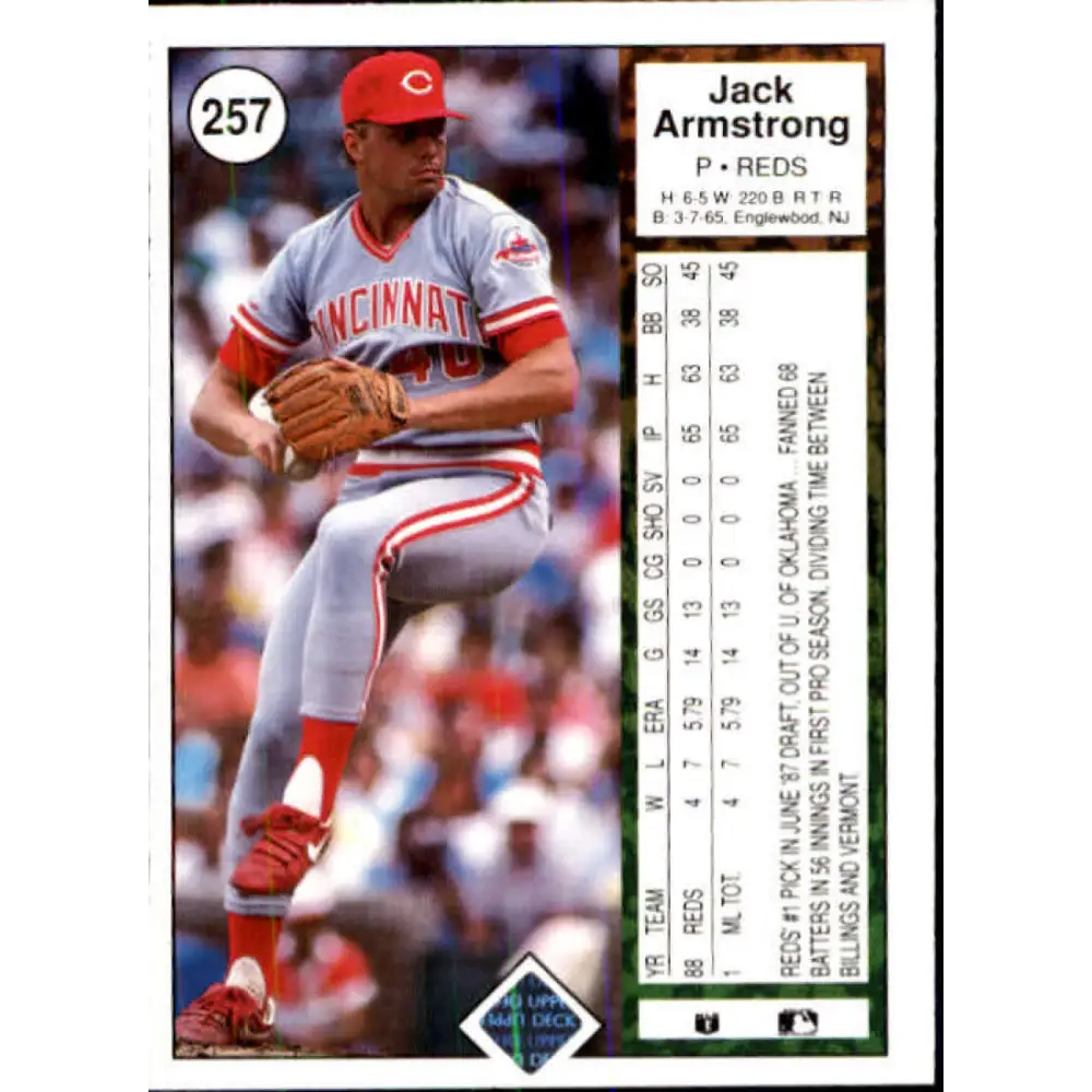 1989 Upper Deck #257 Jack Armstrong NM-MT RC Rookie Cincinnati Reds Baseball Card Image 2