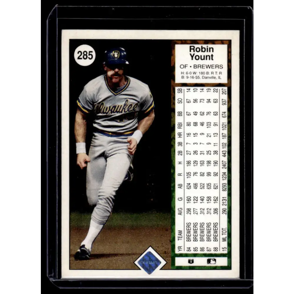 1989 Upper Deck #285 Robin Yount Milwaukee Brewers NM-MT Baseball Card Image 2
