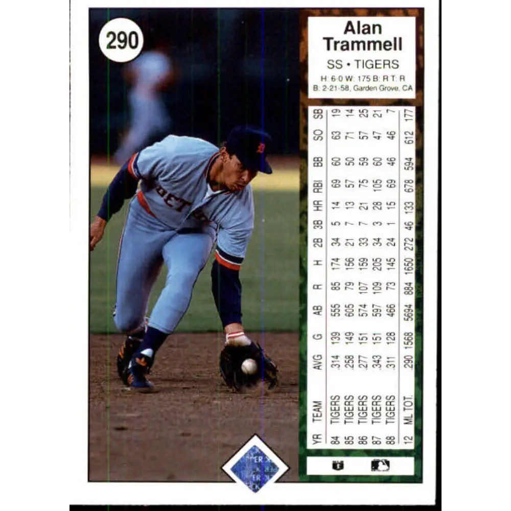 1989 Upper Deck #290 Alan Trammell NM-MT Detroit Tigers Baseball Card Image 2
