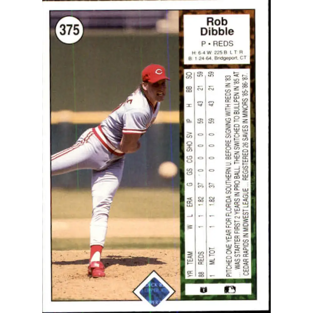 1989 Upper Deck #375 Rob Dibble NM-MT RC Rookie Cincinnati Reds Baseball Card Image 2