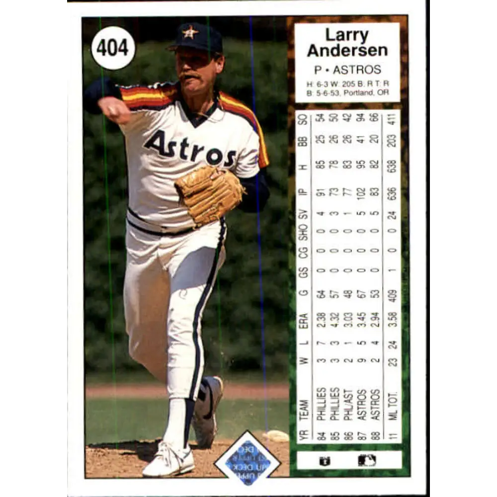 1989 Upper Deck #404 Larry Andersen NM-MT Houston Astros Baseball Card Image 2