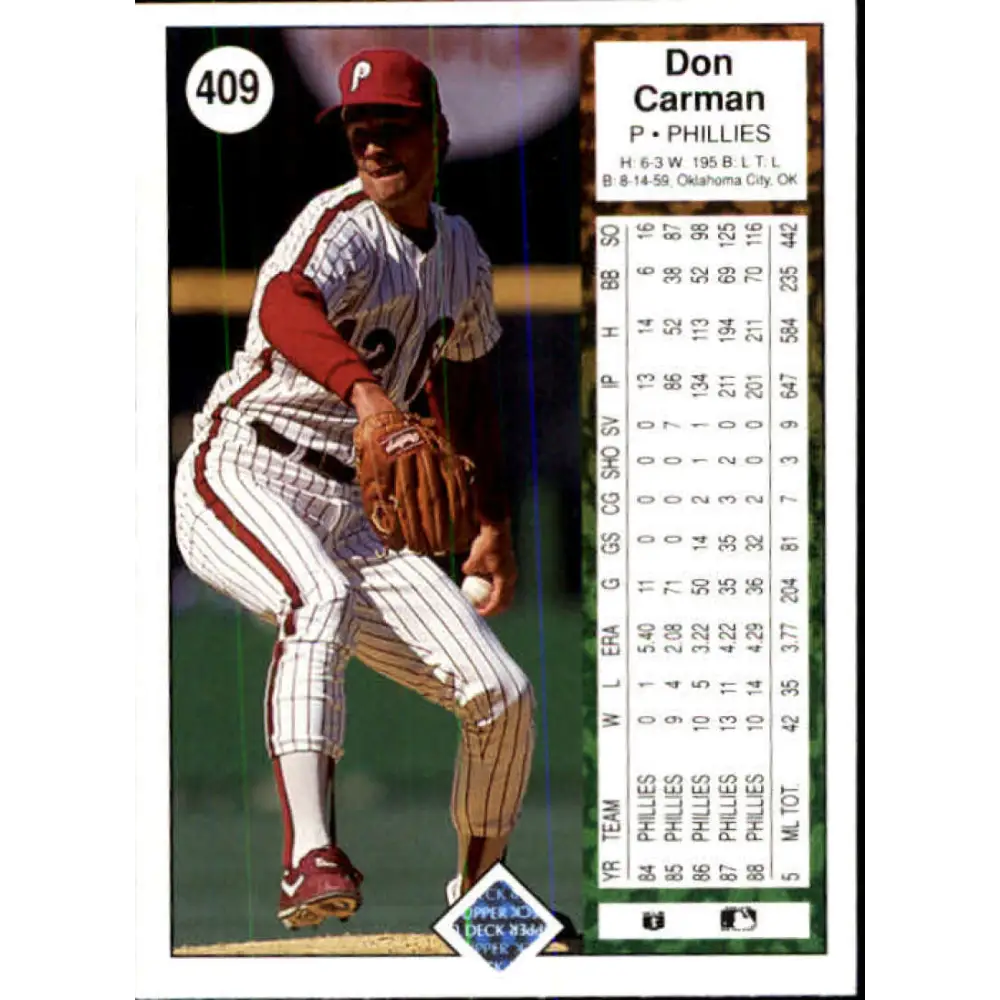 1989 Upper Deck #409 Don Carman NM-MT Philadelphia Phillies Baseball Card Image 2