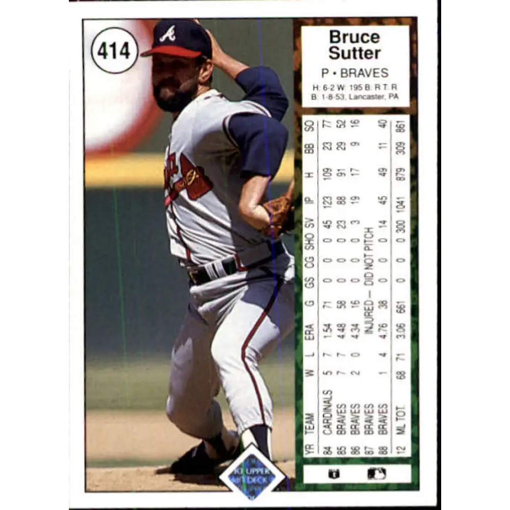 1989 Upper Deck #414 Bruce Sutter NM-MT Atlanta Braves Baseball Card Image 2