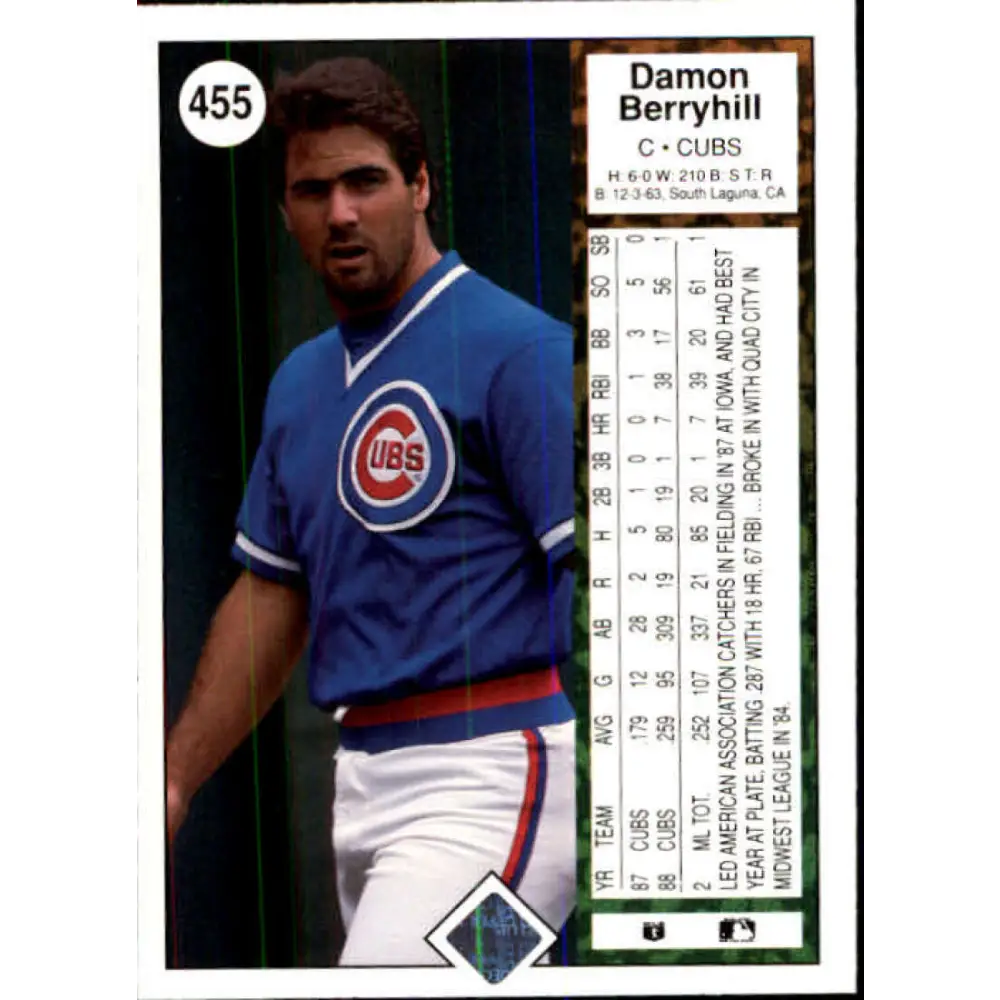 1989 Upper Deck #455 Damon Berryhill NM-MT Chicago Cubs Baseball Card Image 2
