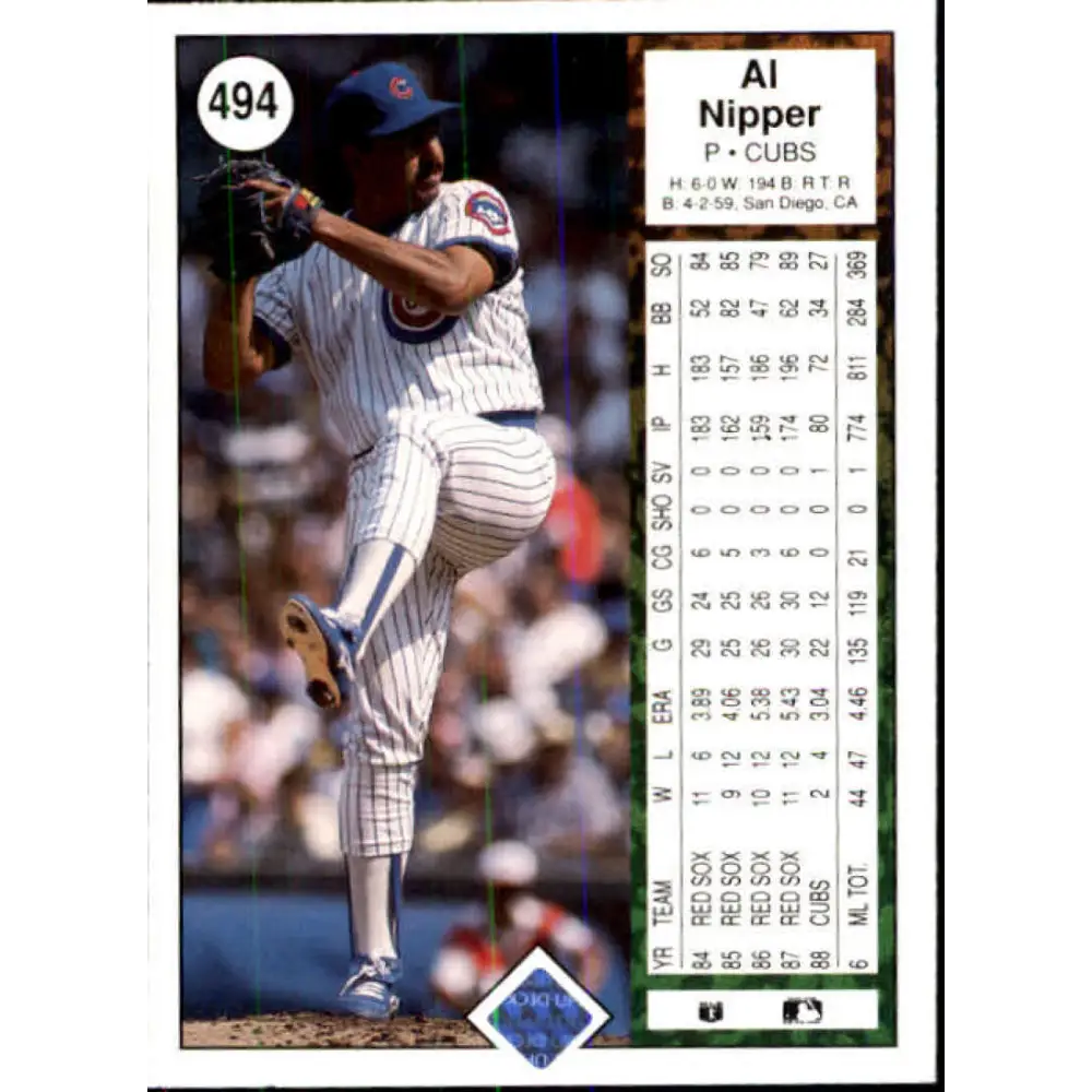 1989 Upper Deck #494 Al Nipper NM-MT Chicago Cubs Baseball Card Image 2