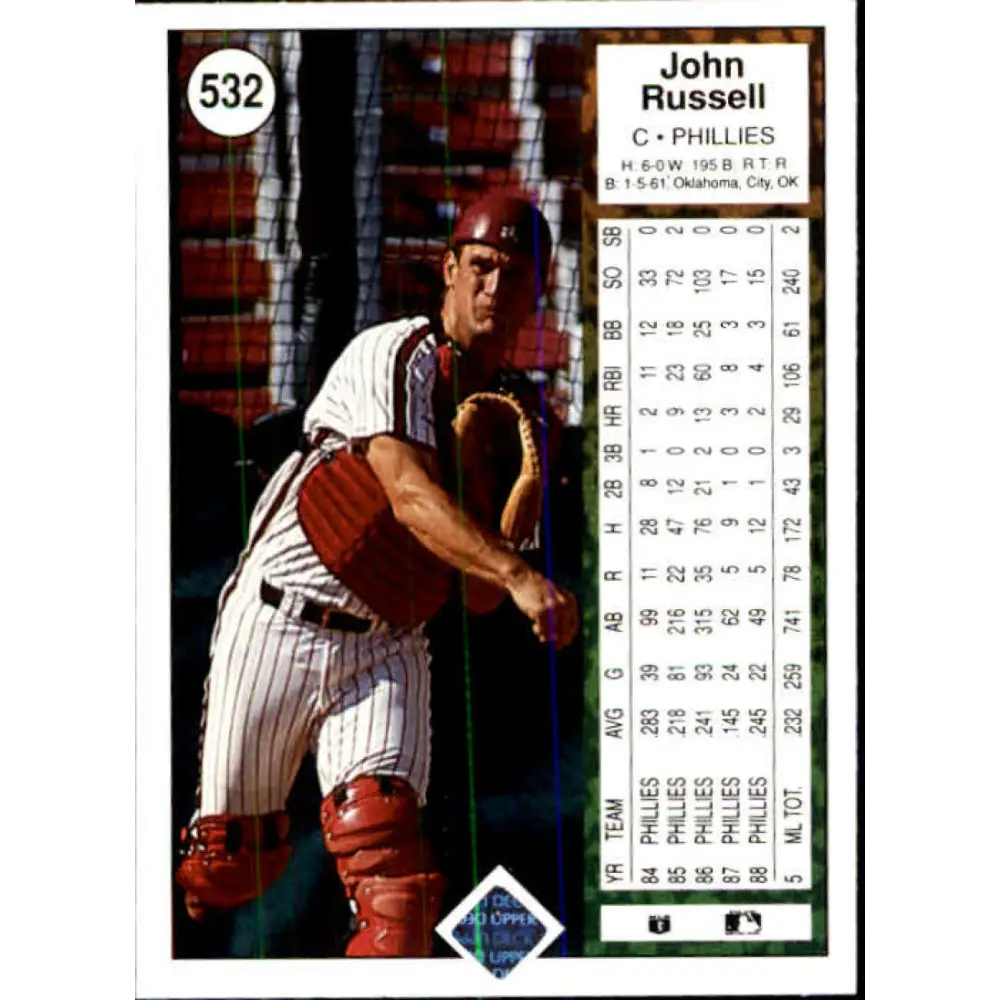 1989 Upper Deck #532 John Russell NM-MT Philadelphia Phillies Baseball Card Image 2