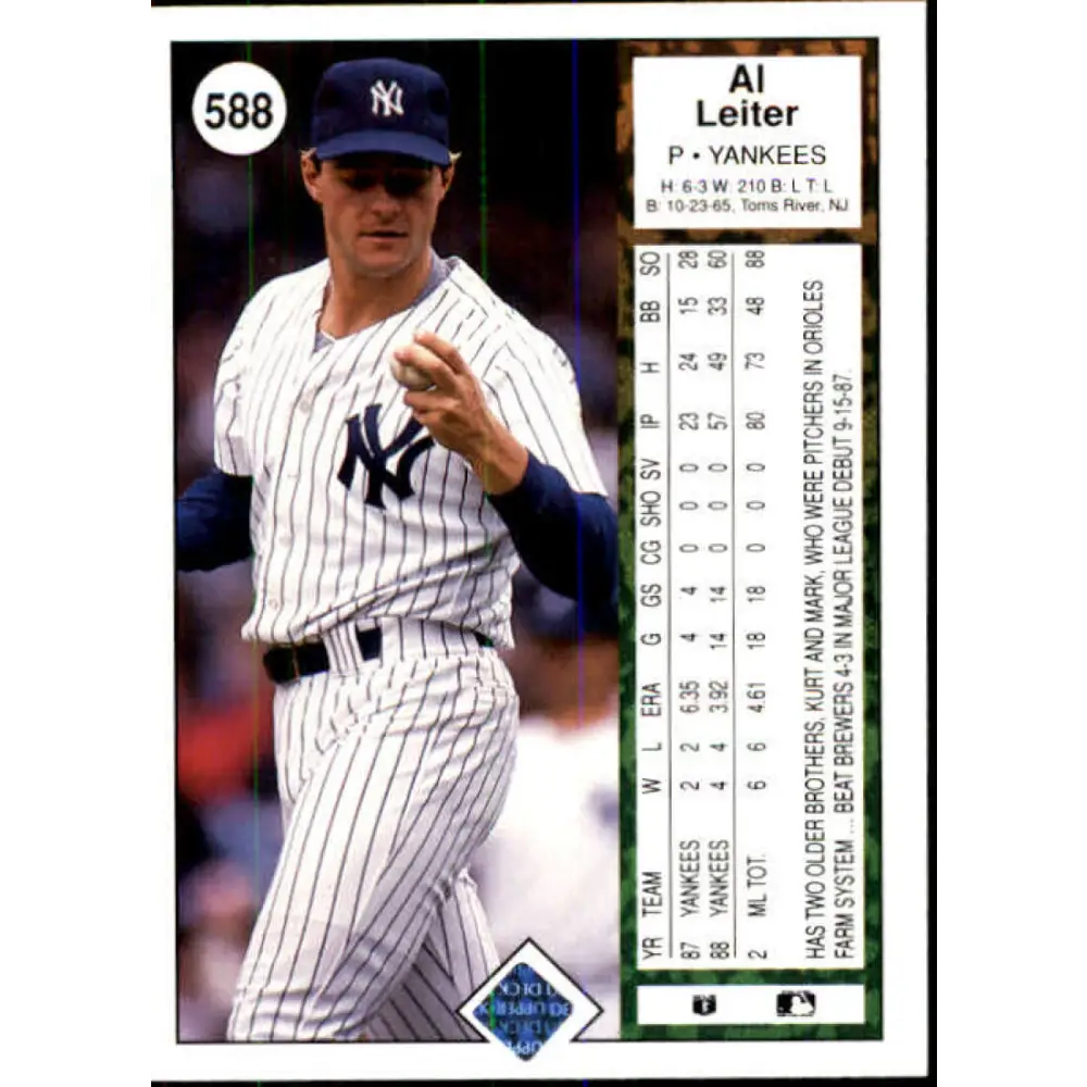 1989 Upper Deck #588 Al Leiter NM-MT New York Yankees Baseball Card Image 2
