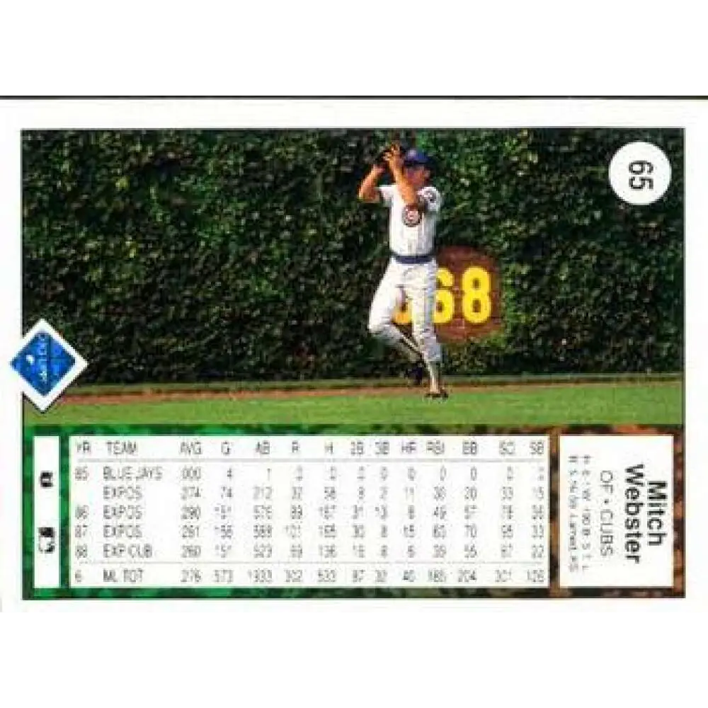 1989 Upper Deck #65 Mitch Webster NM-MT Chicago Cubs Baseball Card Image 2