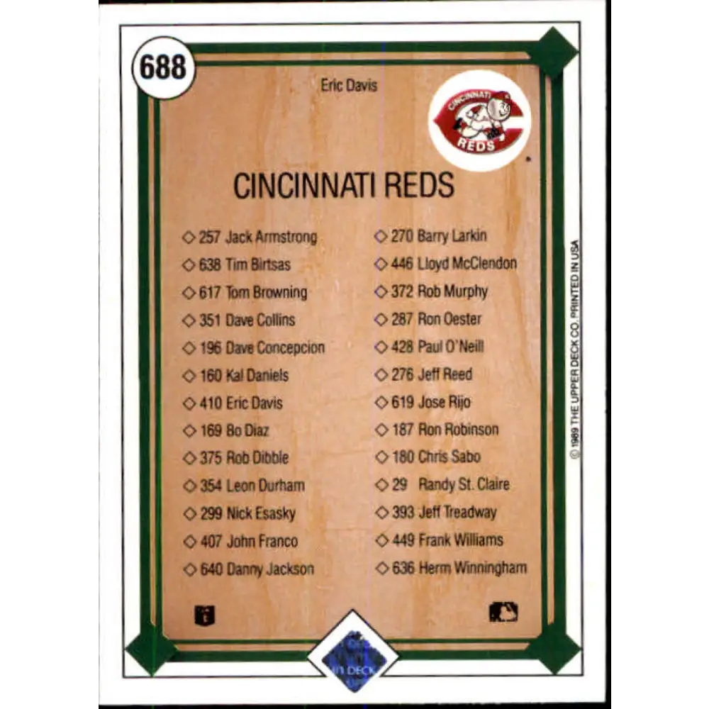 1989 Upper Deck #688 Eric Davis TC NM-MT Cincinnati Reds Baseball Card Image 2