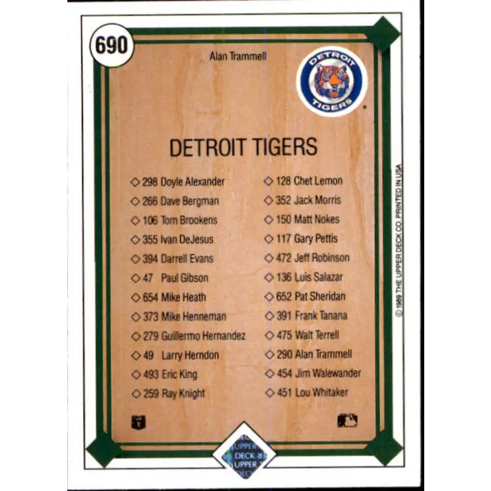 1989 Upper Deck #690 Alan Trammell TC NM-MT Detroit Tigers Baseball Card Image 2