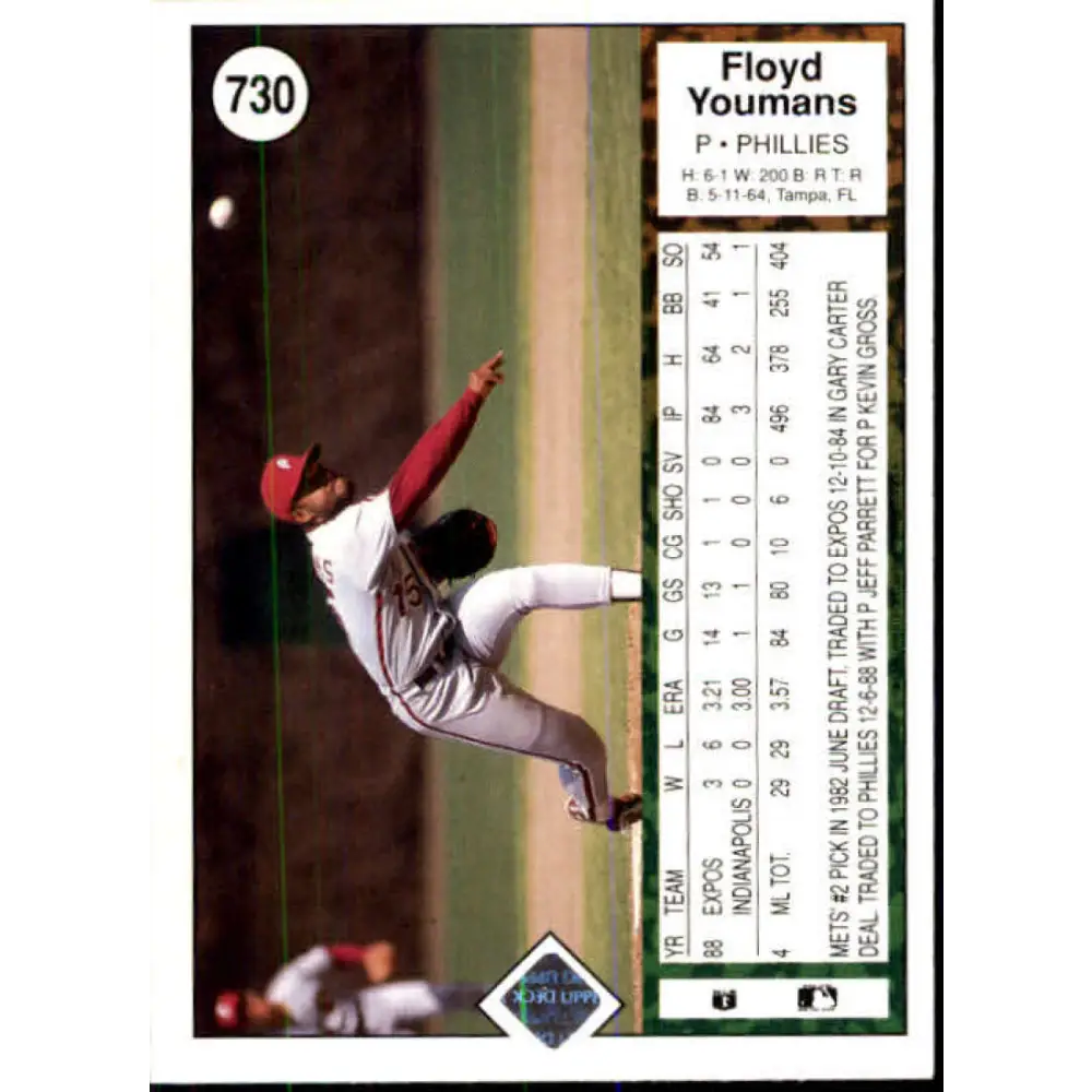 1989 Upper Deck #730 Floyd Youmans NM-MT Philadelphia Phillies Baseball Card Image 2