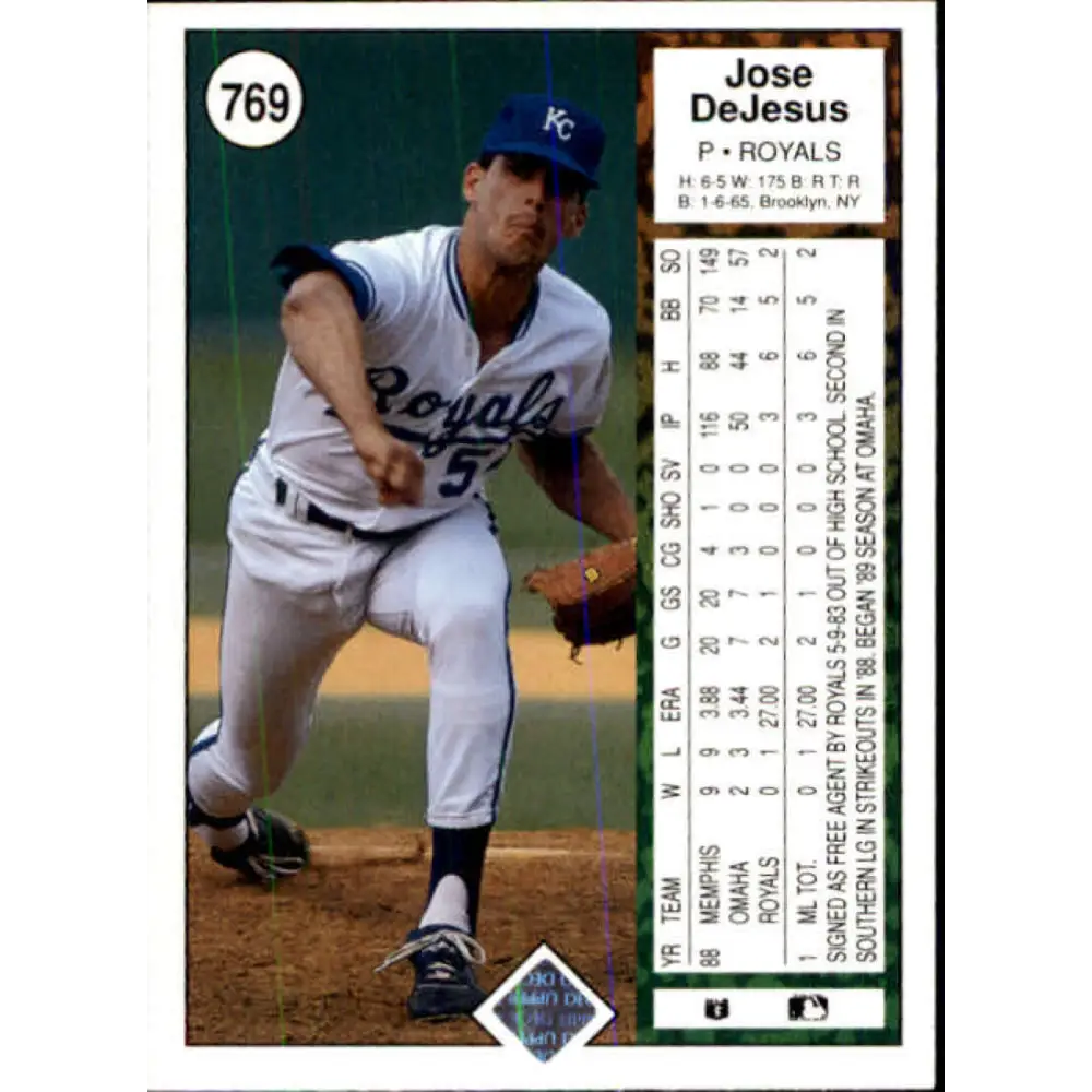 1989 Upper Deck #769 Jose DeJesus NM-MT Kansas City Royals Baseball Card Image 2