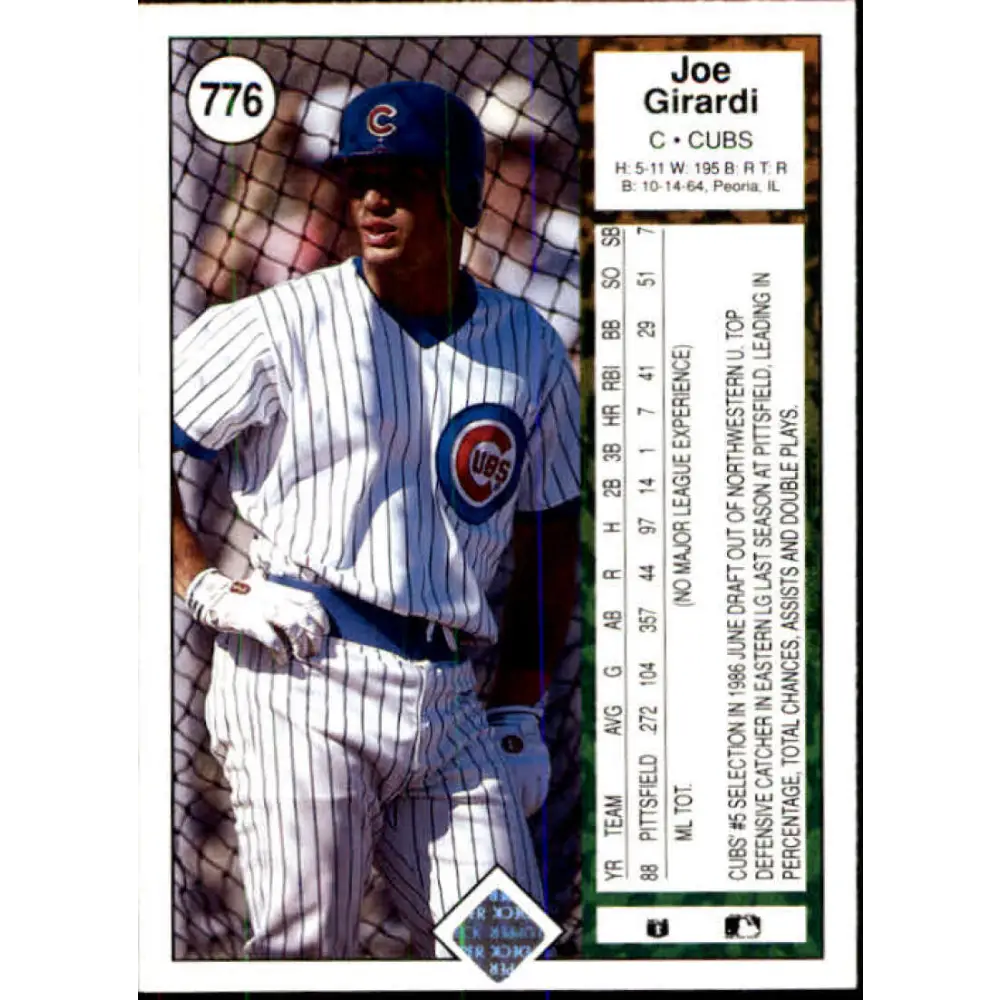 1989 Upper Deck #776 Joe Girardi NM-MT RC Rookie Chicago Cubs Baseball Card Image 2
