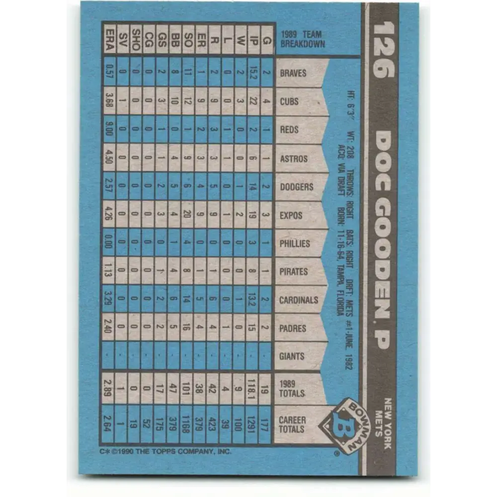 1990 Bowman #126 Dwight Gooden NM-MT New York Mets Baseball Card Image 2
