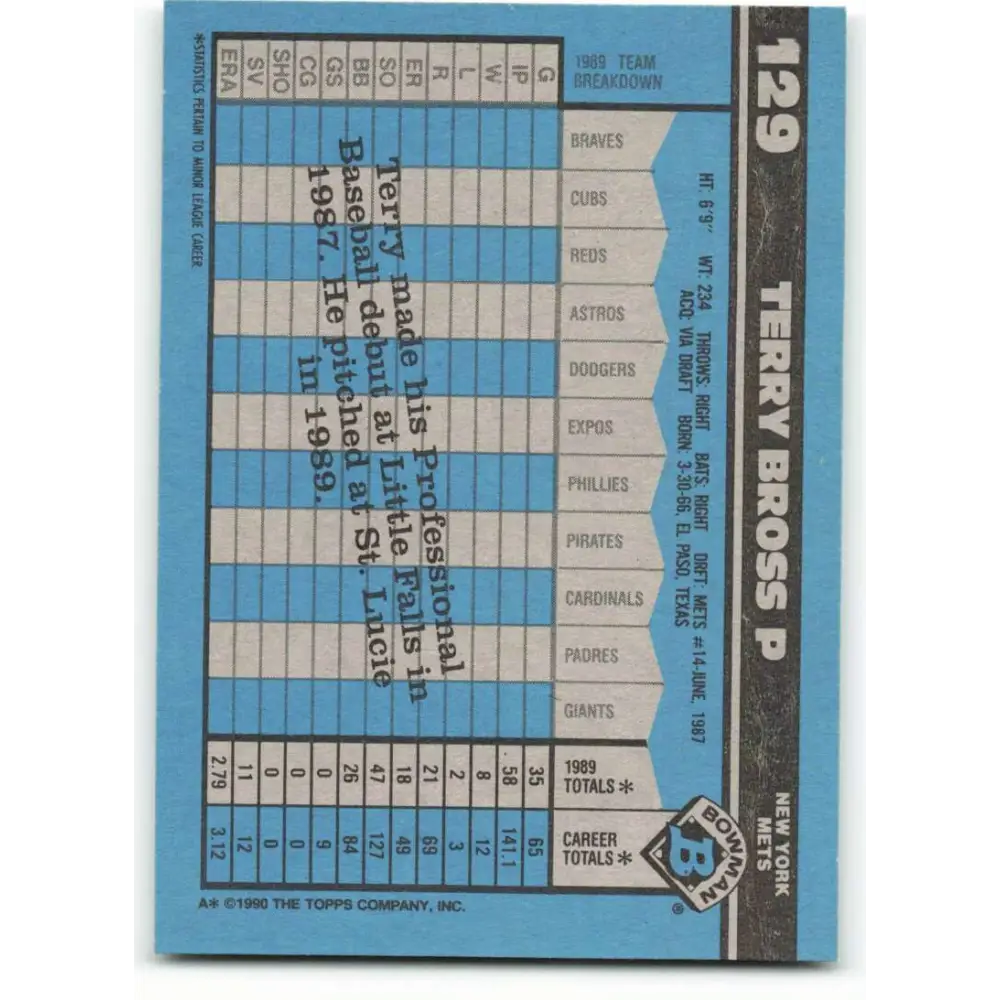 1990 Bowman #129 Terry Bross NM-MT RC Rookie New York Mets Baseball Card Image 2