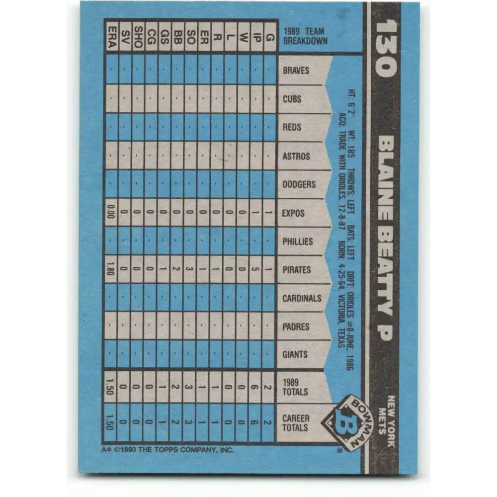1990 Bowman #130 Blaine Beatty NM-MT RC Rookie New York Mets Baseball Card Image 2