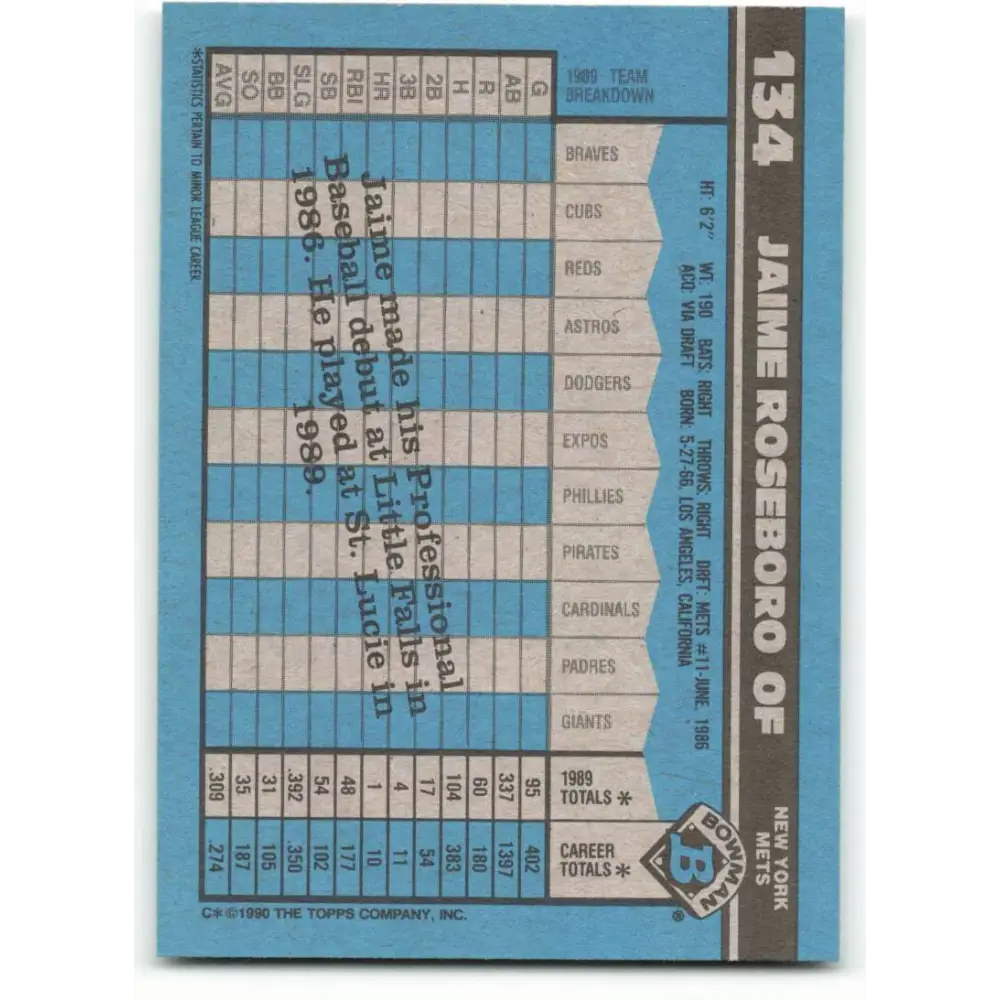 1990 Bowman #134 Jaime Roseboro NM-MT RC Rookie New York Mets Baseball Card Image 2