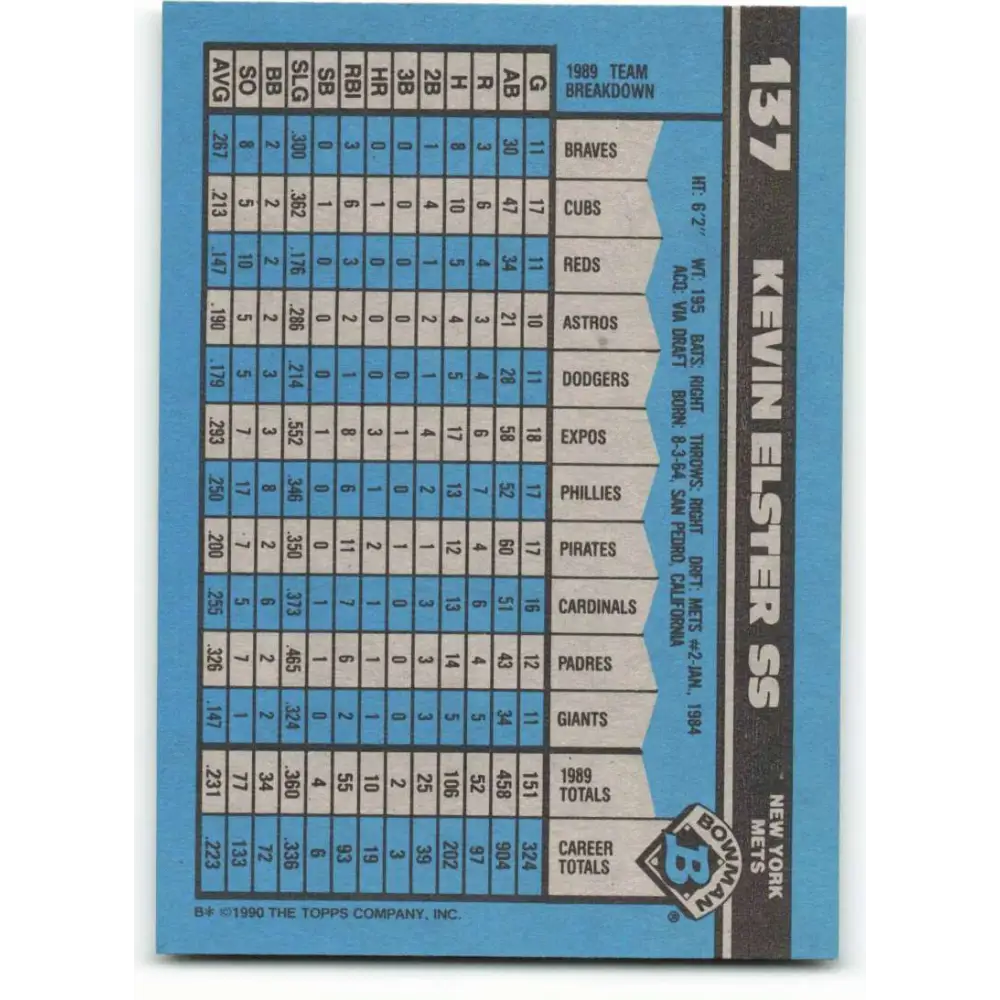 1990 Bowman #137 Kevin Elster NM-MT New York Mets Baseball Card Image 2