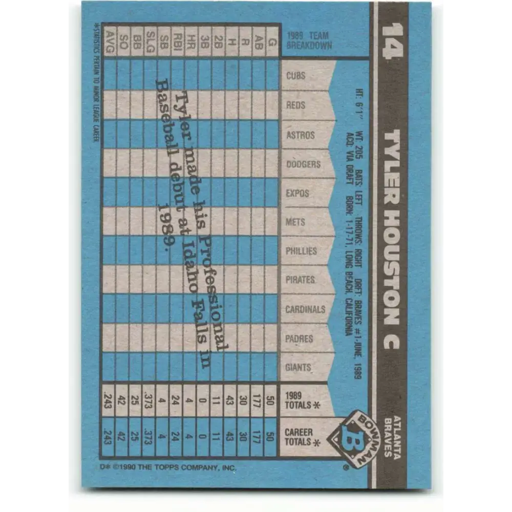 1990 Bowman #14 Tyler Houston NM-MT RC Rookie Atlanta Braves Baseball Card Image 2
