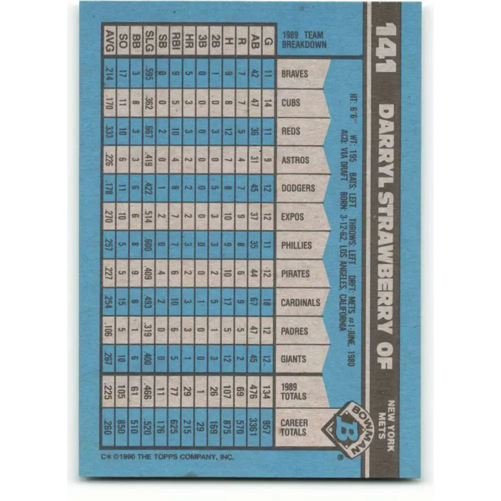 1990 Bowman #141 Darryl Strawberry NM-MT New York Mets Baseball Card Image 2