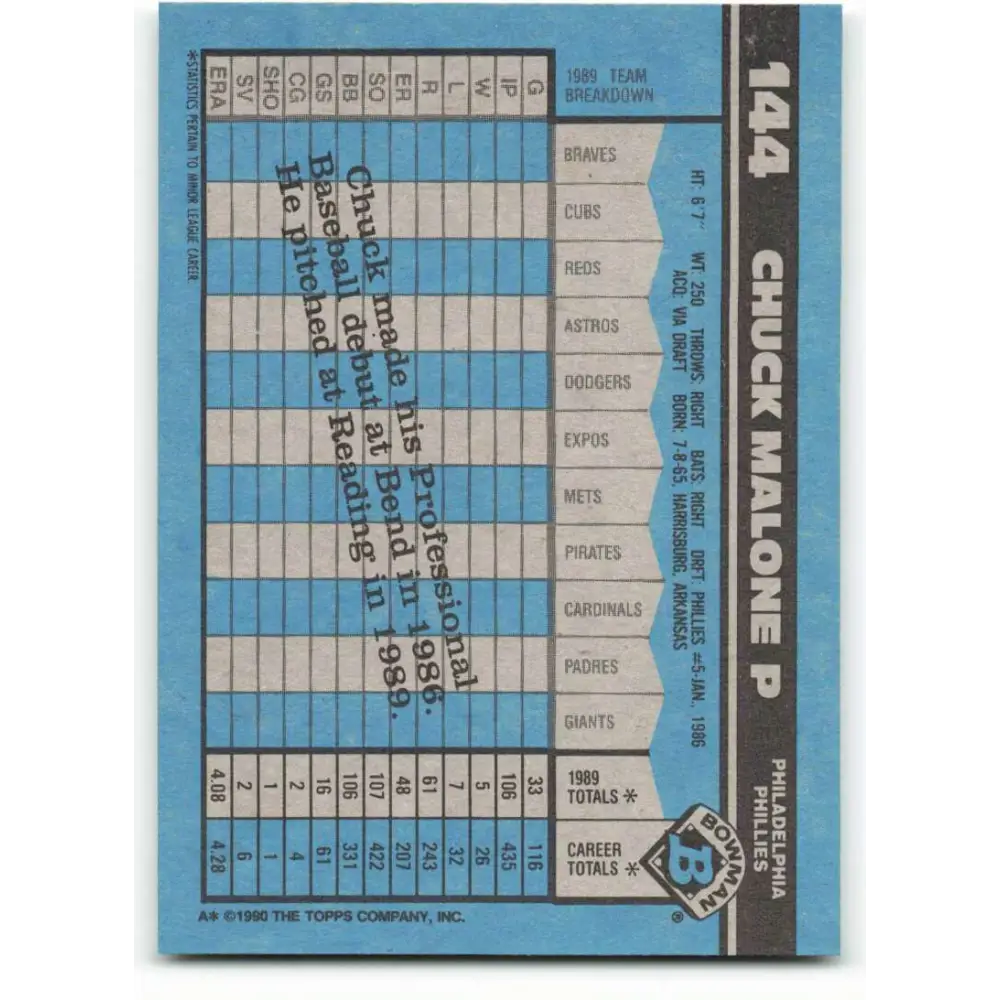 1990 Bowman #144 Chuck Malone NM-MT RC Rookie Philadelphia Phillies Baseball Card Image 2