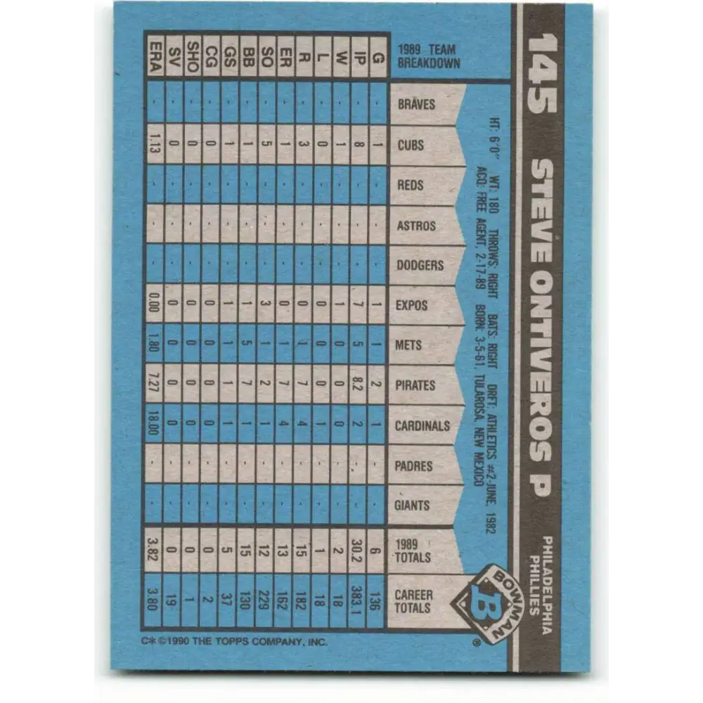 1990 Bowman #145 Steve Ontiveros NM-MT Philadelphia Phillies Baseball Card Image 2