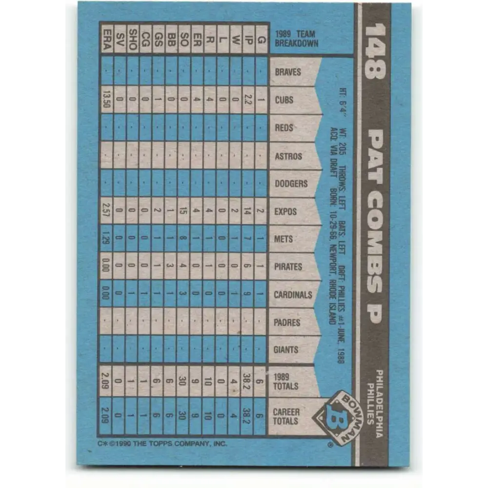 1990 Bowman #148 Pat Combs NM-MT Philadelphia Phillies Baseball Card Image 2