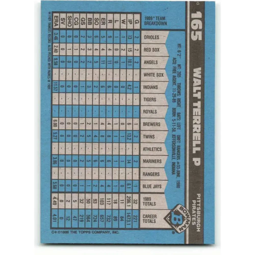 1990 Bowman #165 Walt Terrell NM-MT Pittsburgh Pirates Baseball Card Image 2