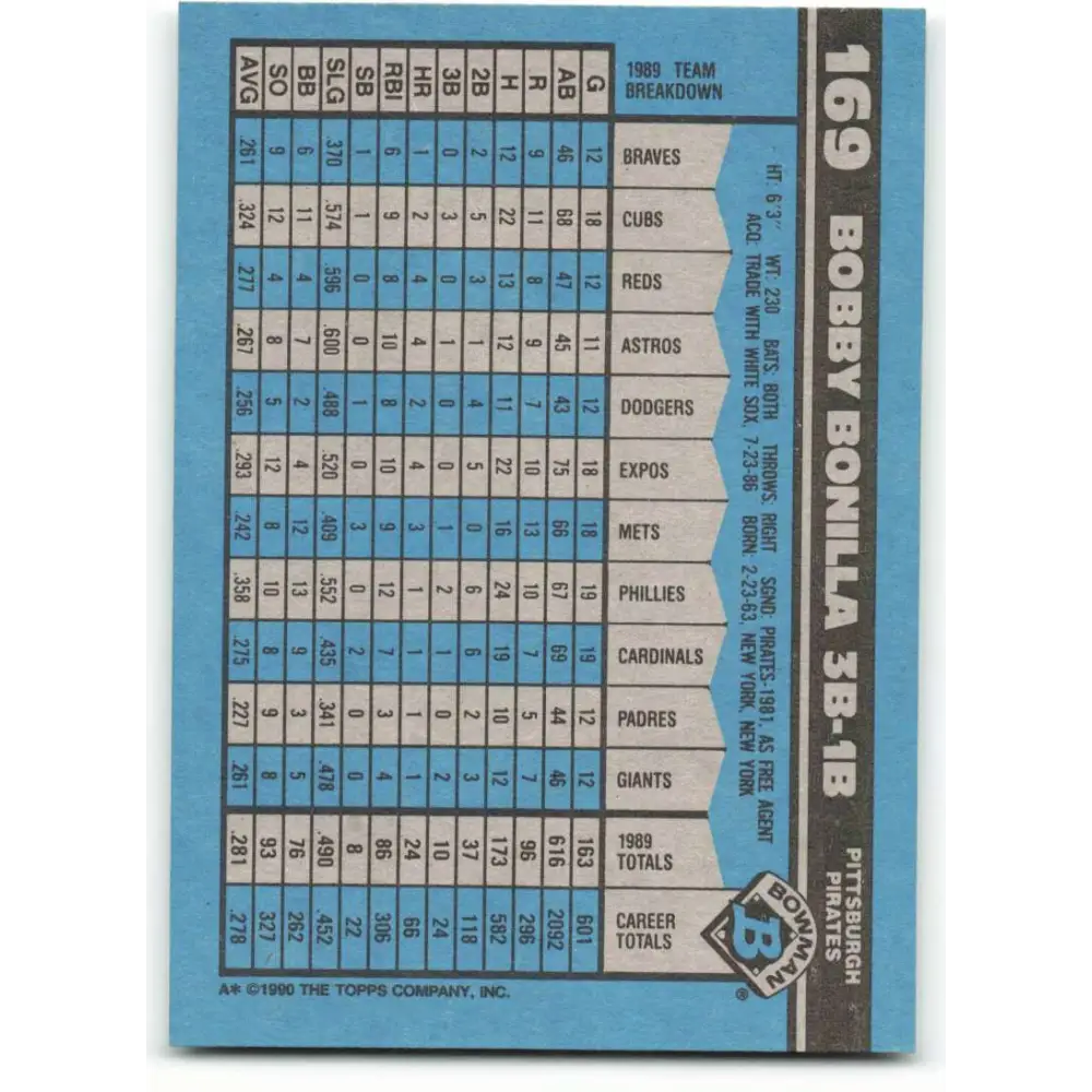 1990 Bowman #169 Bobby Bonilla NM-MT Pittsburgh Pirates Baseball Card Image 2