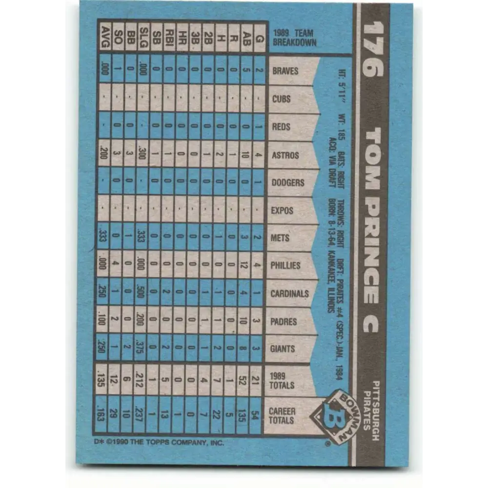 1990 Bowman #176 Tom Prince NM-MT Pittsburgh Pirates Baseball Card Image 2