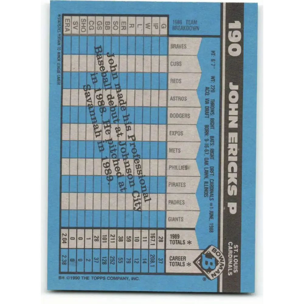 1990 Bowman #190 John Ericks NM-MT St. Louis Cardinals Baseball Card Image 2