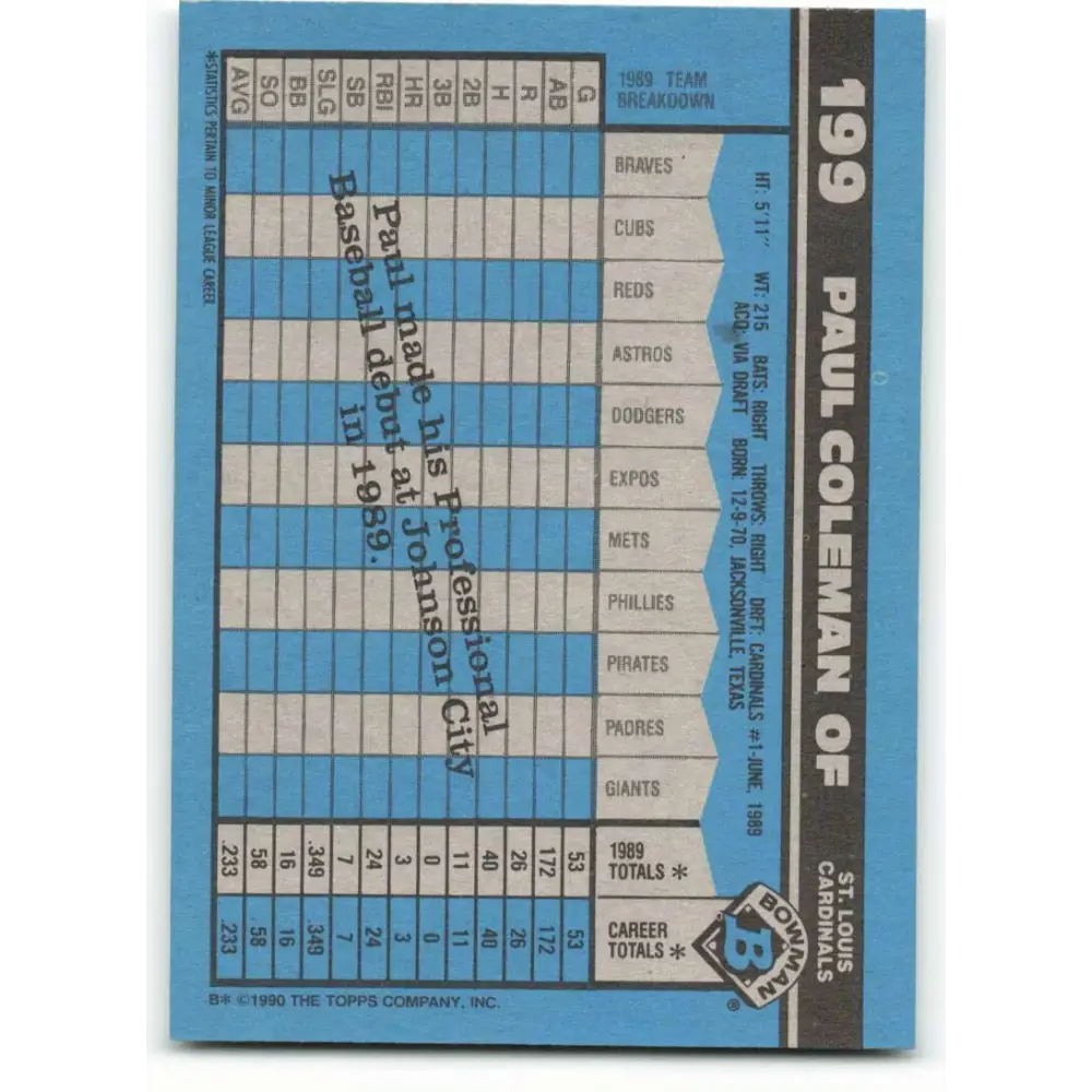 1990 Bowman #199 Paul Coleman NM-MT RC Rookie St. Louis Cardinals Baseball Card Image 2