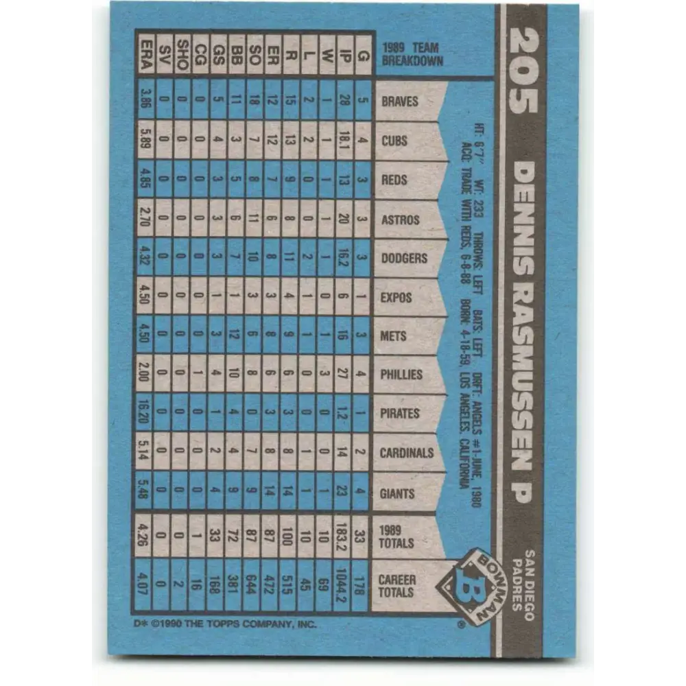 1990 Bowman #205 Dennis Rasmussen NM-MT San Diego Padres Baseball Card Image 2