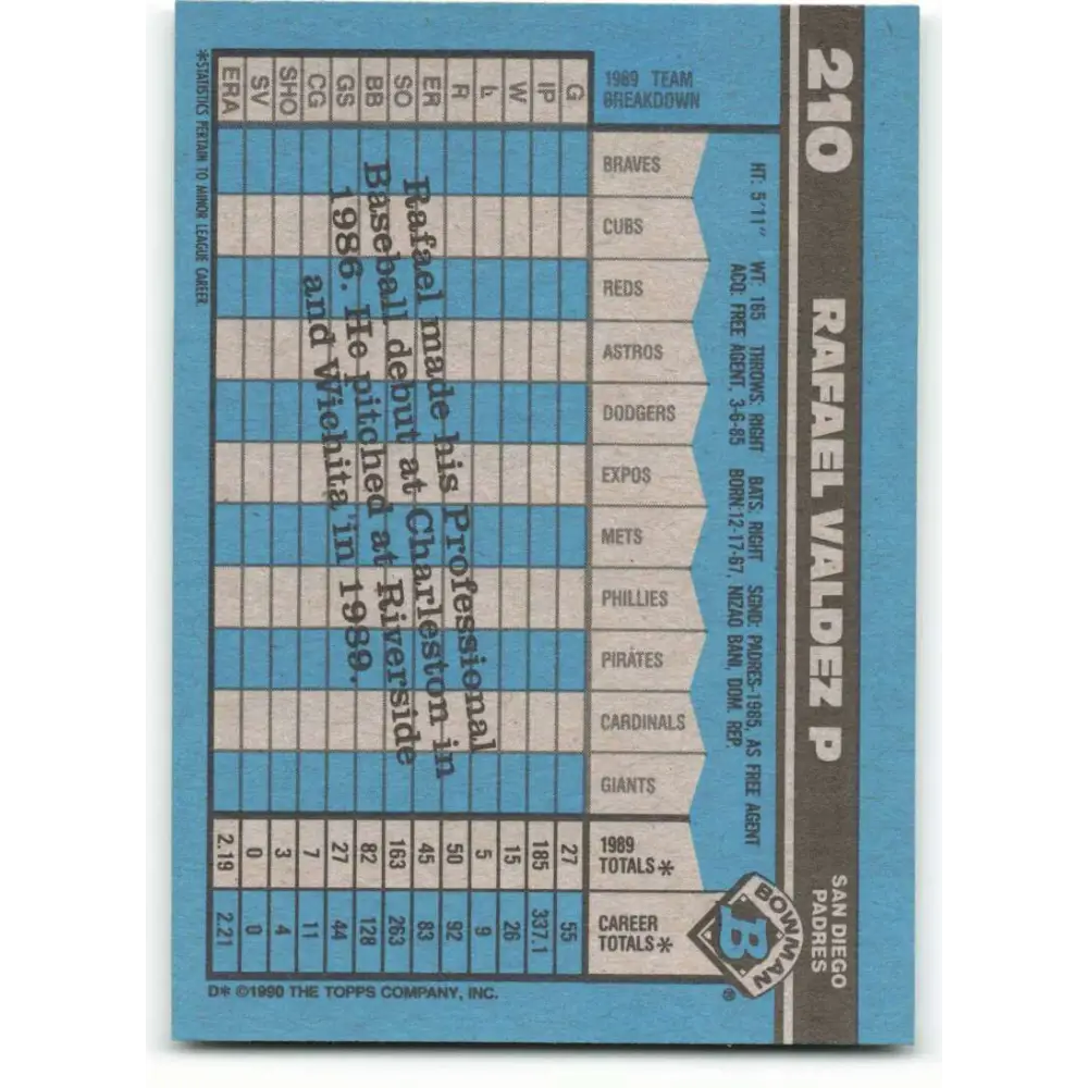 1990 Bowman #210 Rafael Valdez NM-MT RC Rookie San Diego Padres Baseball Card Image 2
