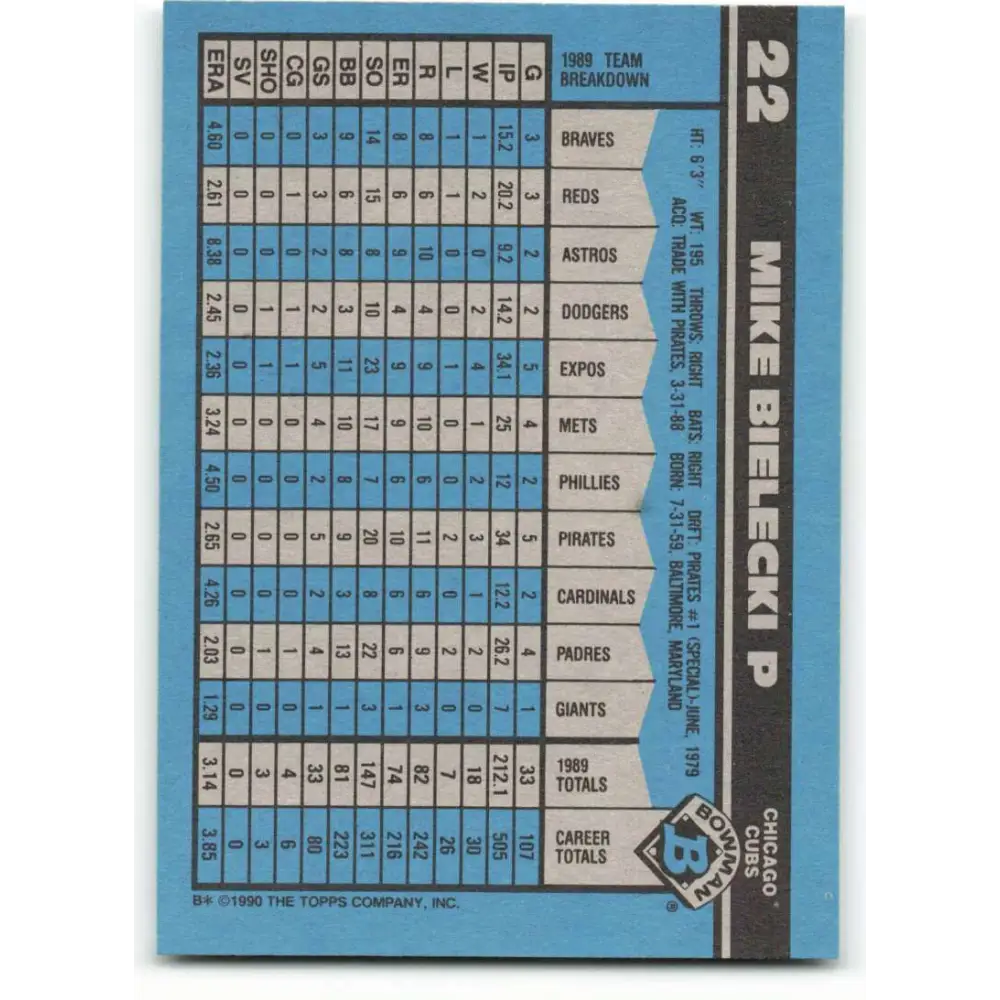 1990 Bowman #22 Mike Bielecki NM-MT Chicago Cubs Baseball Card Image 2