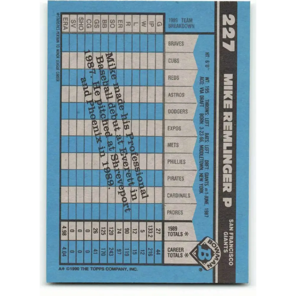 1990 Bowman #227 Mike Remlinger NM-MT RC Rookie San Francisco Giants Baseball Card Image 2