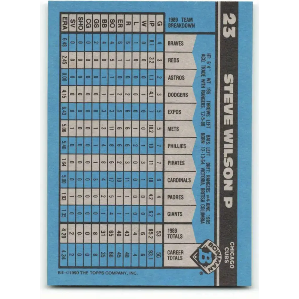 1990 Bowman #23 Steve Wilson NM-MT Chicago Cubs Baseball Card Image 2