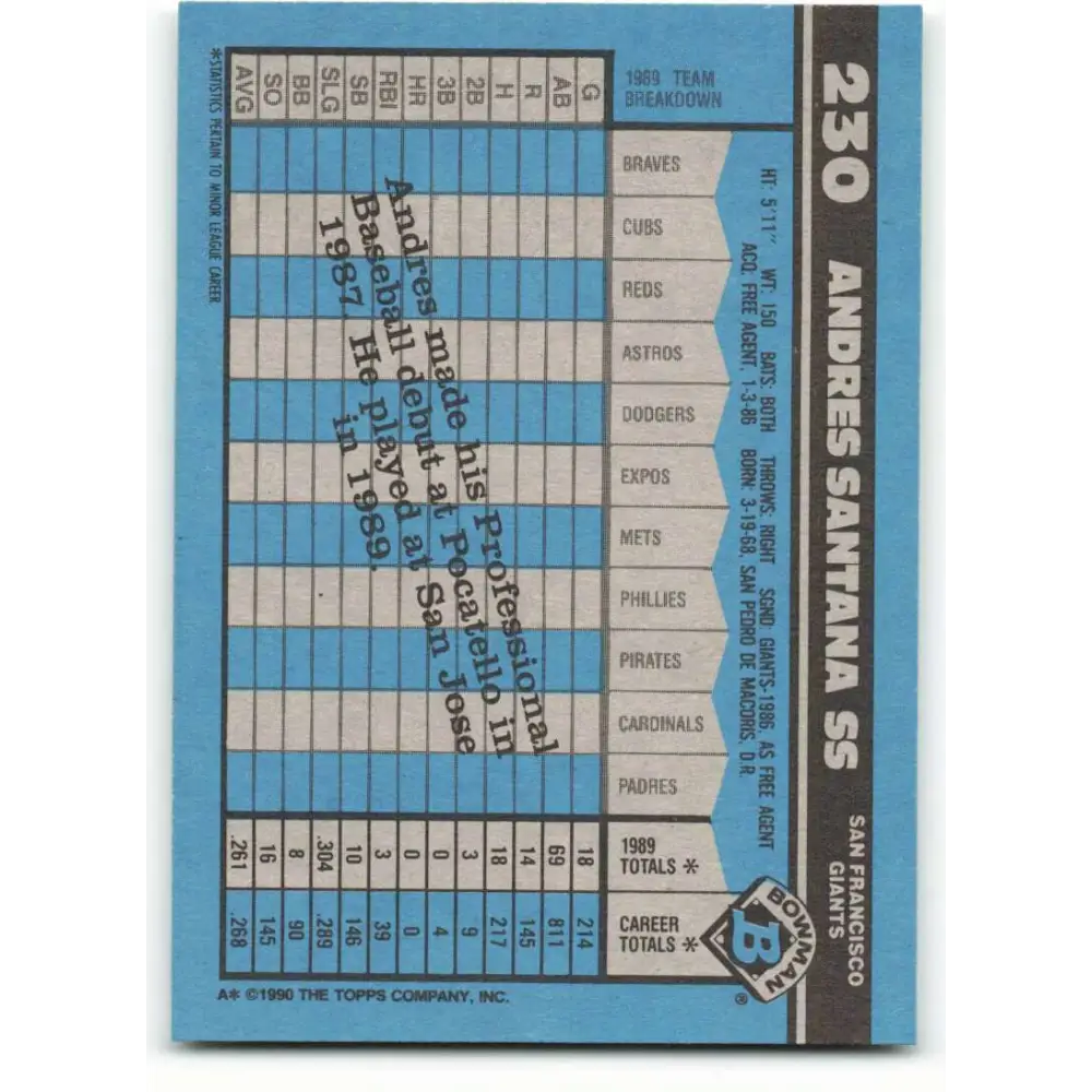 1990 Bowman #230 Andres Santana NM-MT RC Rookie San Francisco Giants Baseball Card Image 2