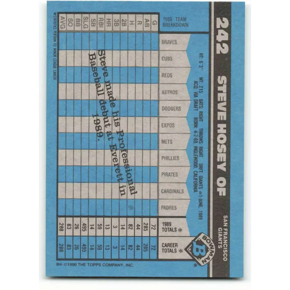 1990 Bowman #242 Steve Hosey NM-MT RC Rookie San Francisco Giants Baseball Card Image 2